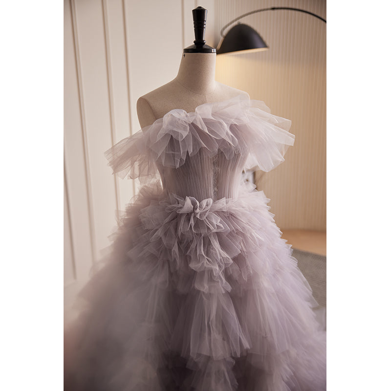 Lavender Off - Shoulder Tiered Tulle Evening Dress E025