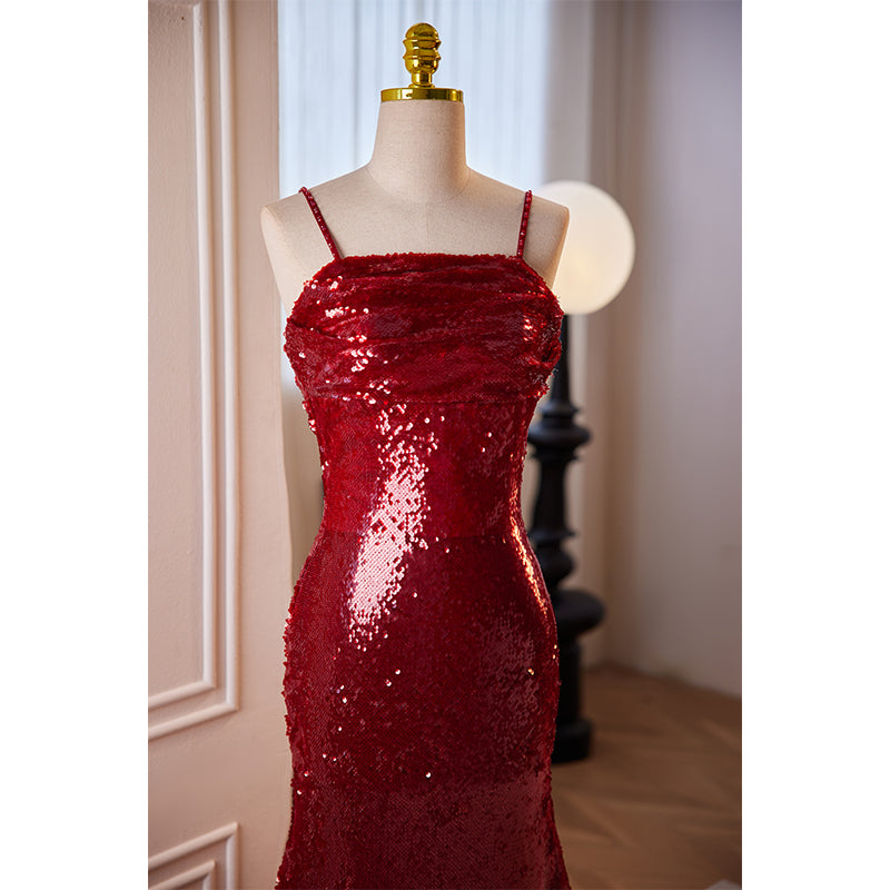 Red Sequin Spaghetti Strap Mermaid Evening Dress E050