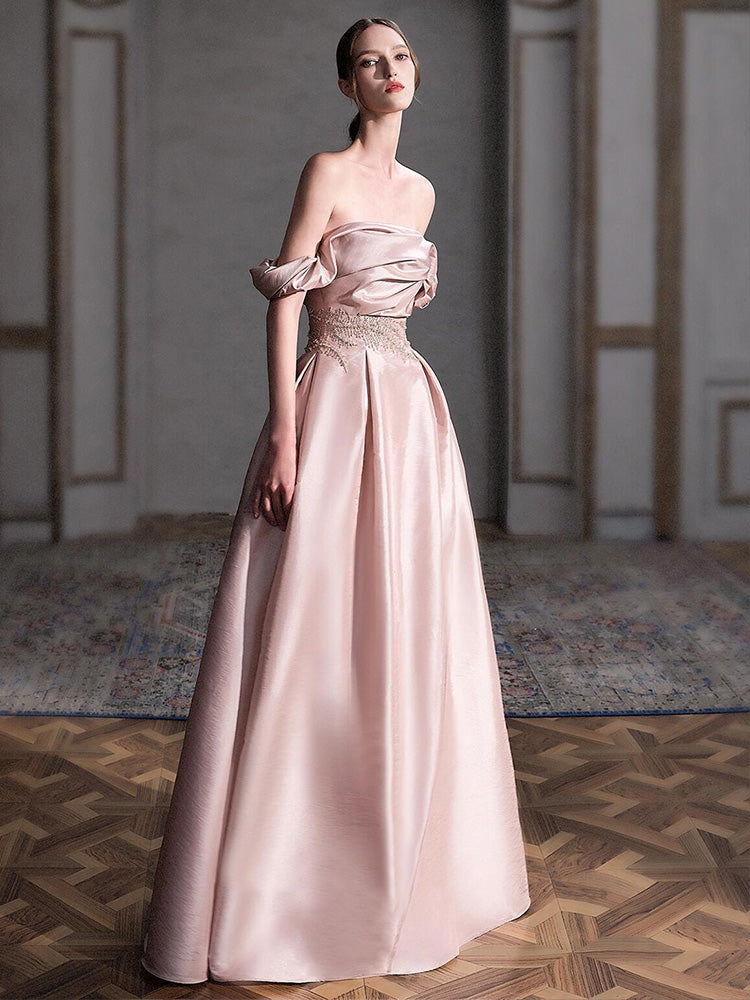 Blush Pink Off Shoulder Satin Evening Dress with Embroidered Waist E052