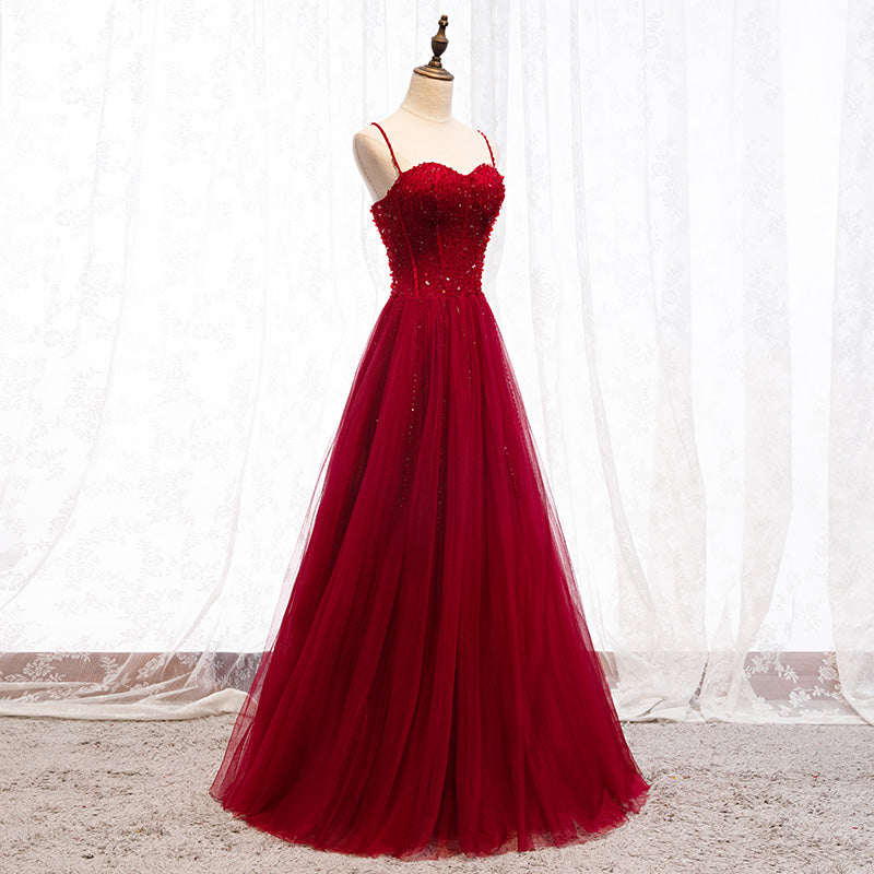 Red Spaghetti Strap Evening Dress with Beaded Bodice E038