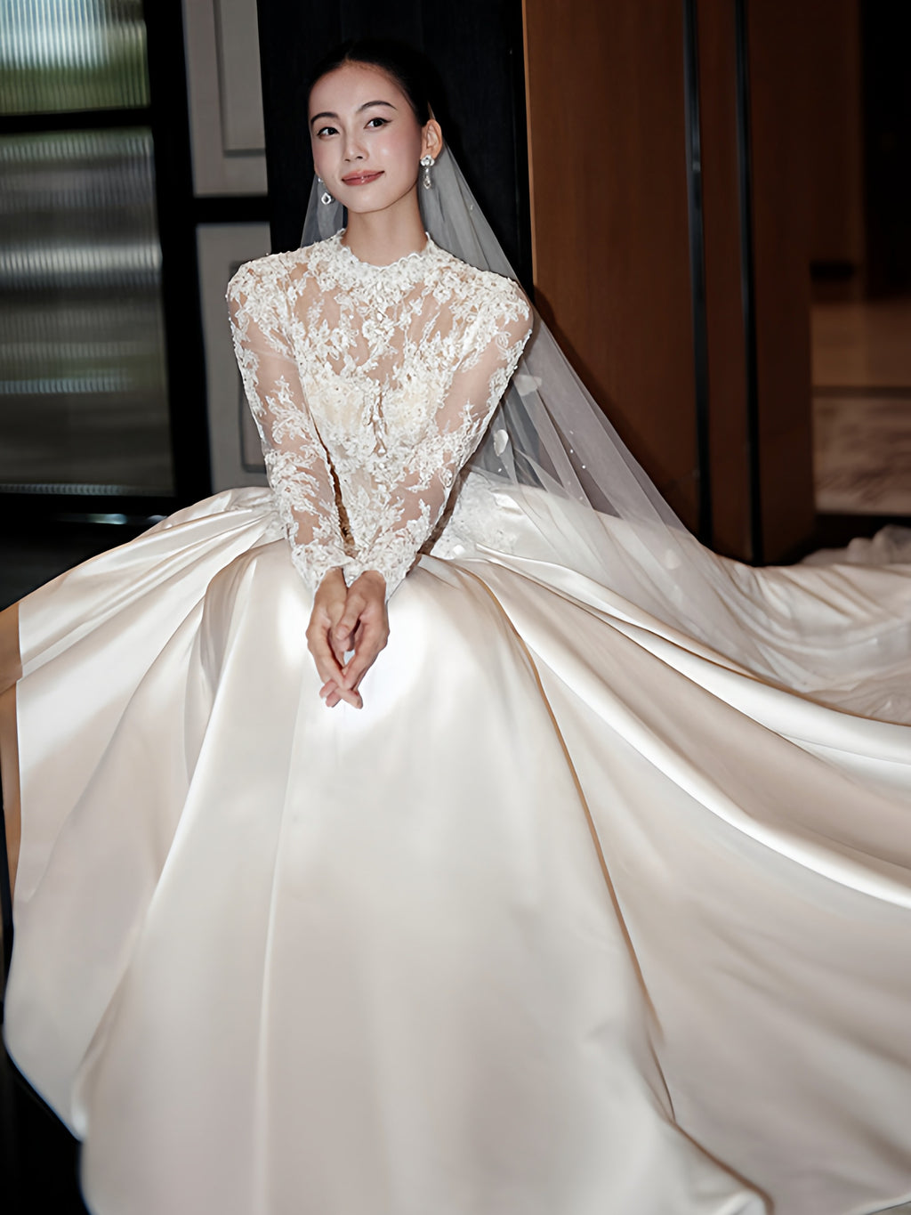 Elegant High-Neck Lace Satin Ball Gown Wedding Dress QD214