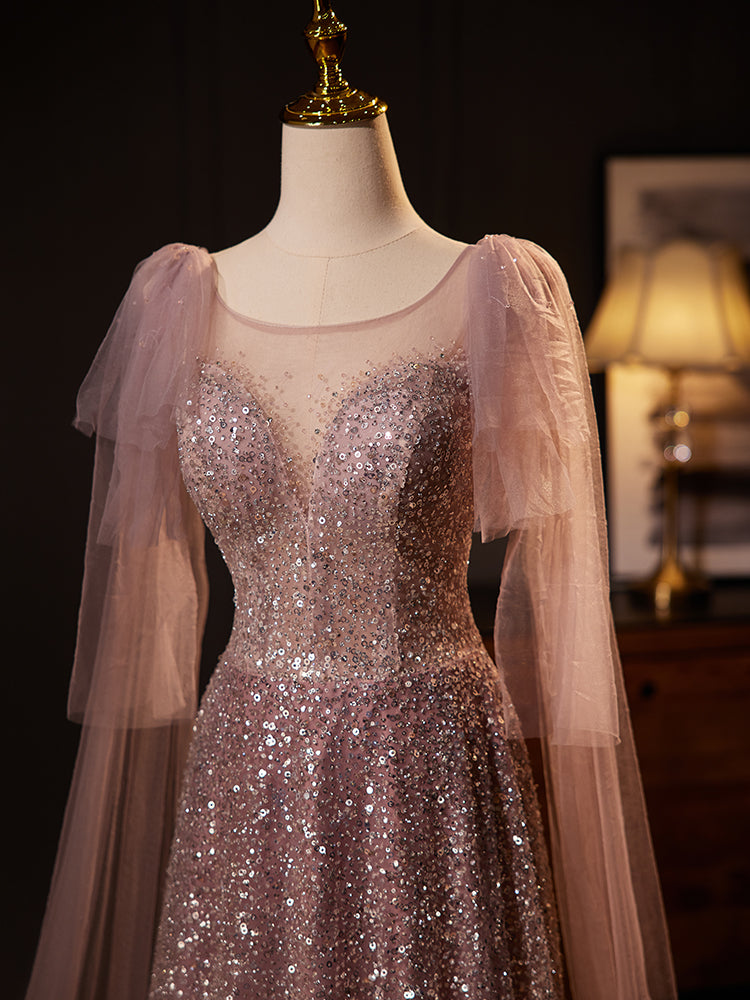 Pink Sequined Evening Dress with Sheer Cape Sleeves E029