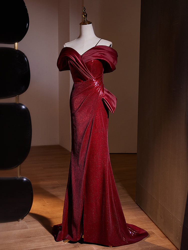 Red Off Shoulder Mermaid Evening Dress with Ruffle Detail E044