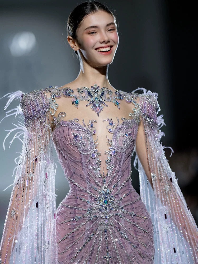Sparkling Pink Mermaid Dress with Feather Details with Sheer Cape Sleeves SL143