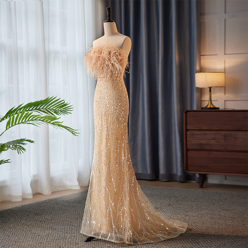 Champagne Feather - Trimmed Evening Dress with Sequins E037