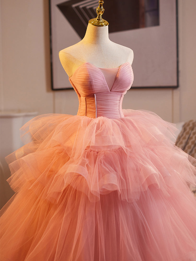 Pink Tiered Tulle Ball Gown Evening Dress E048