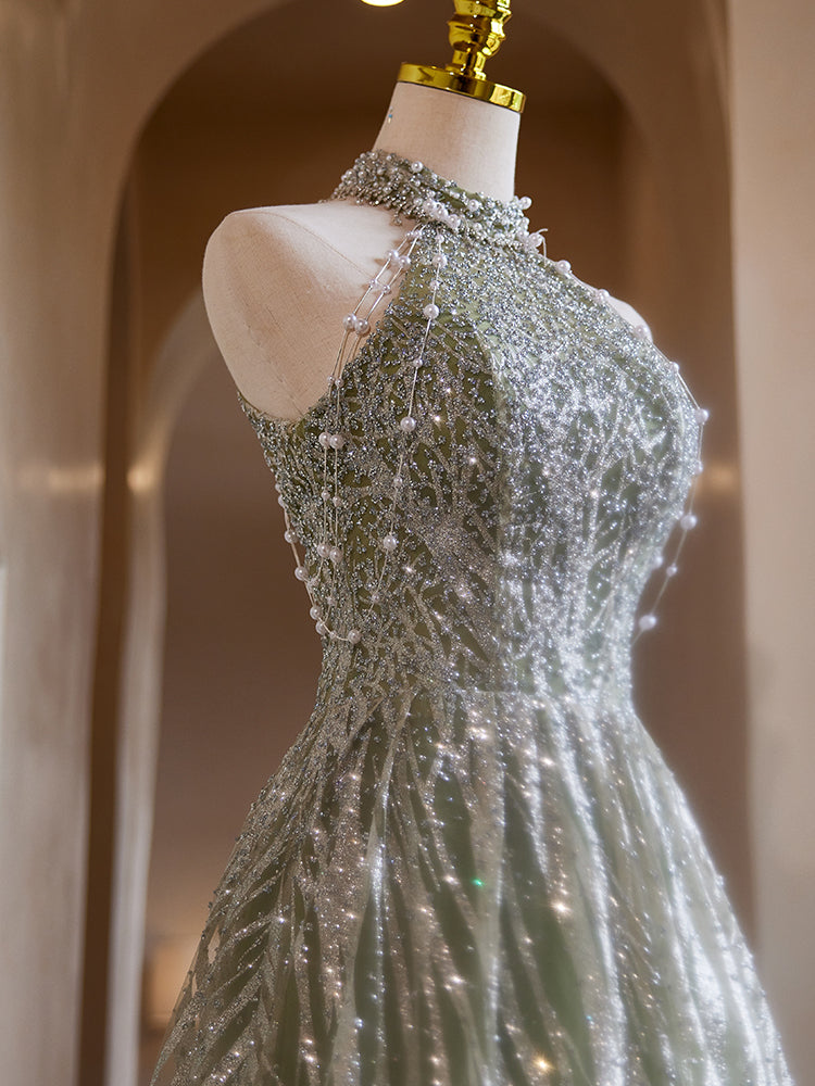 Green Halter Neck Evening Dress with Silver Beadwork E030