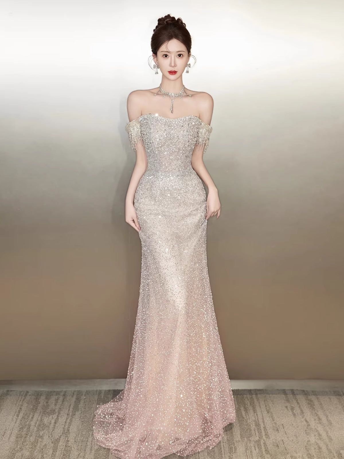 Sparkly Ombre Off - Shoulder Mermaid Evening Dress E010
