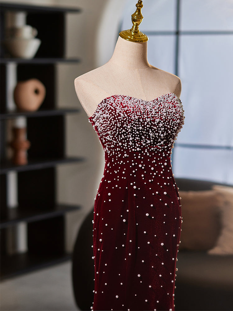 Burgundy Strapless Evening Dress with Pearl Embellishments E035