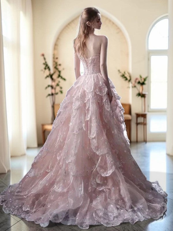 Luxury Blush Pink 3D Floral Layered Tulle Ball Gown Evening Dress YL146