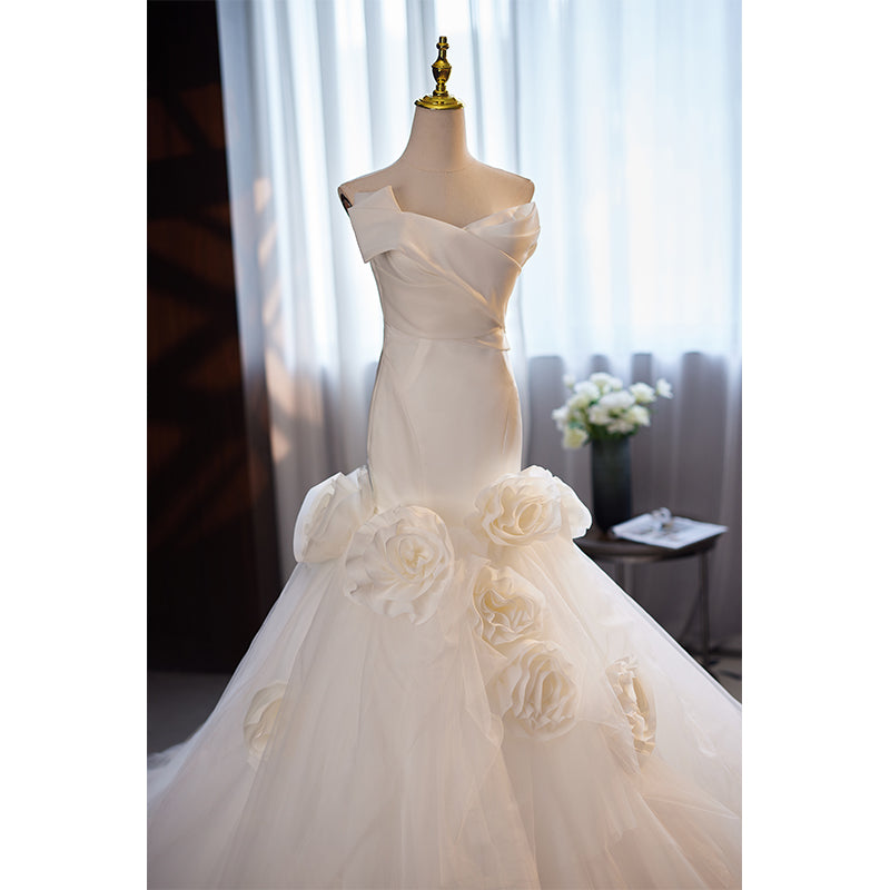 White Off Shoulder Evening Dress with 3D Floral Tulle Skirt E040