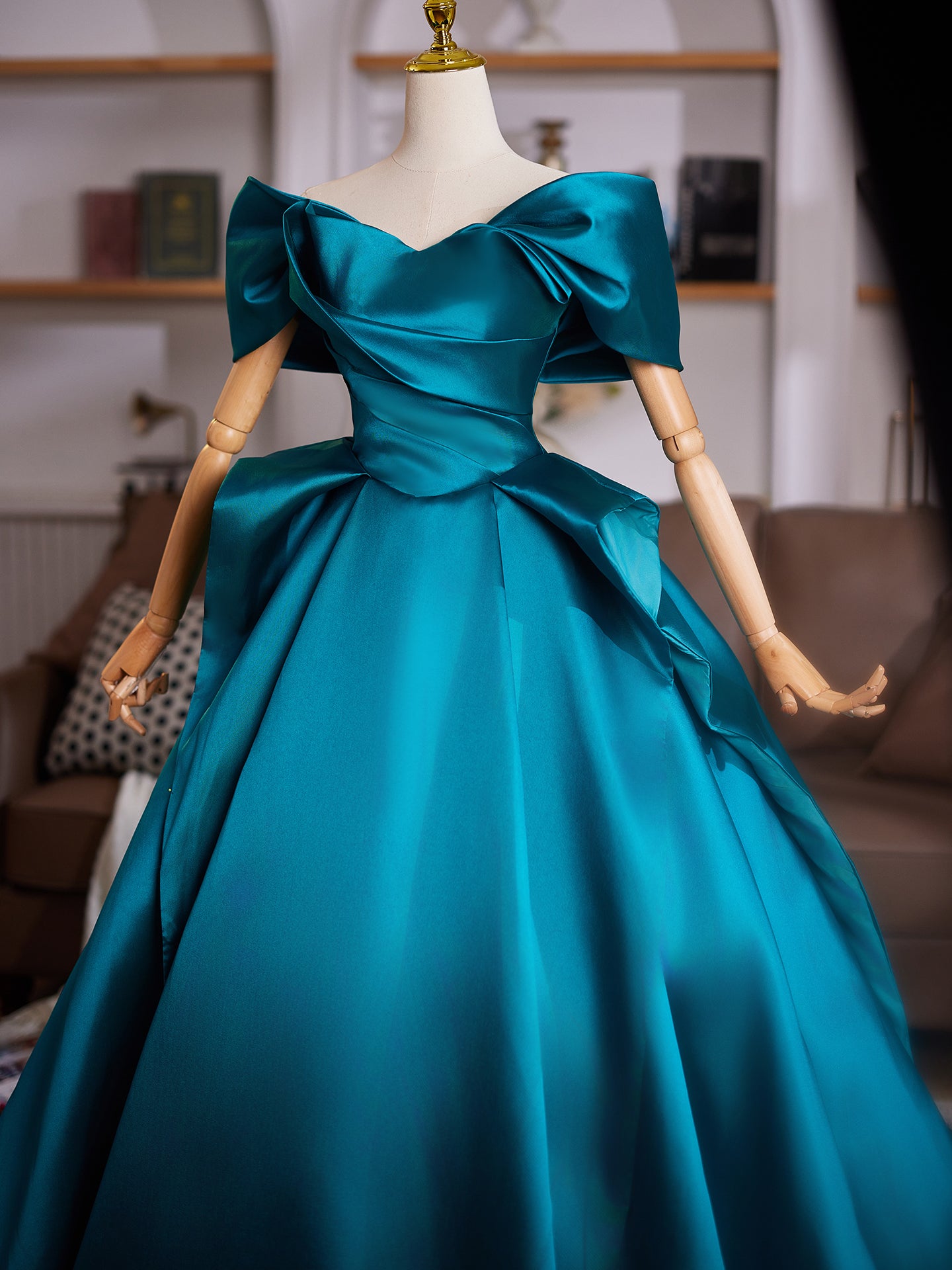 Teal Off Shoulder Satin Evening Dress with Bow Details E039
