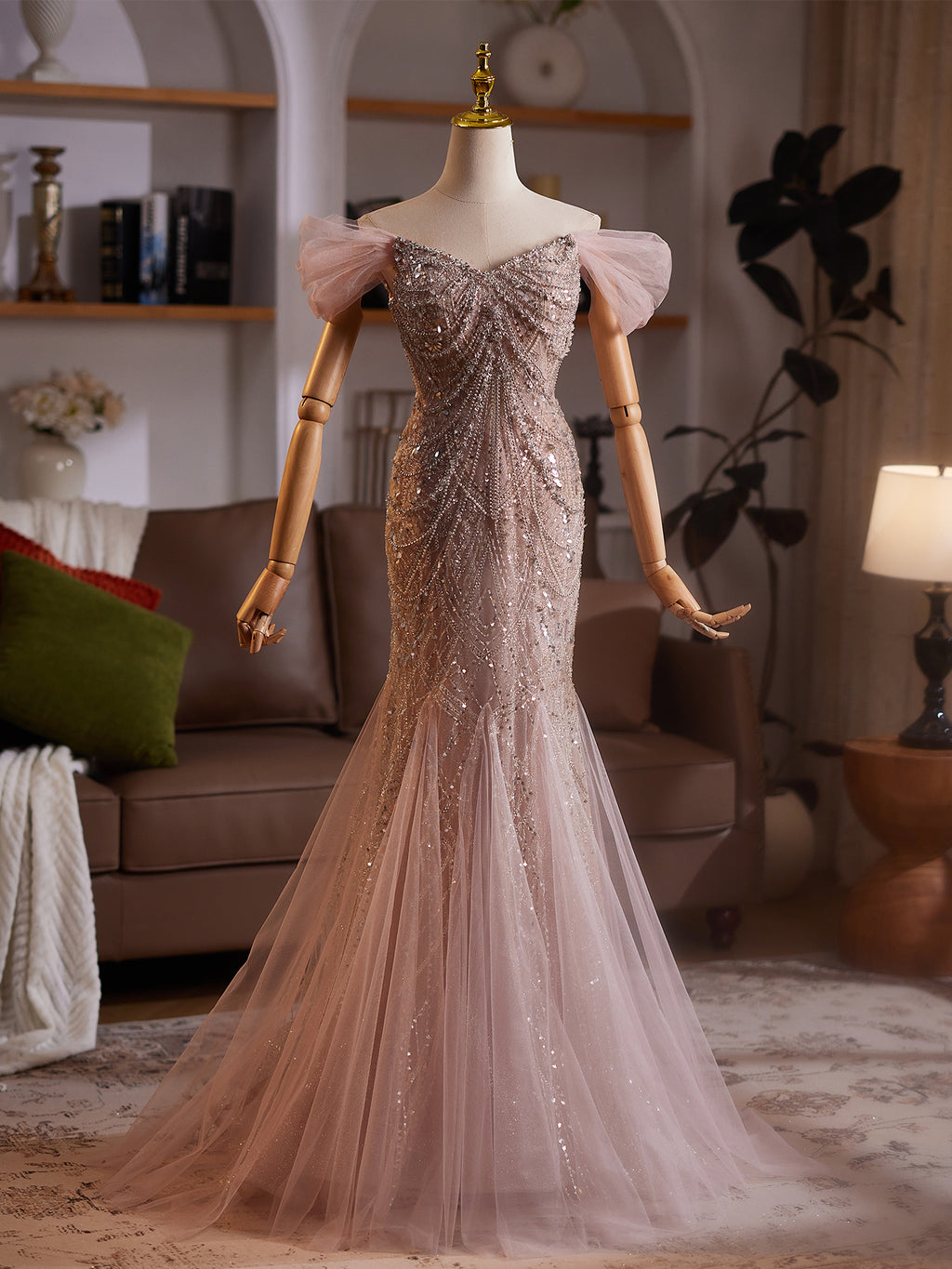 Pink Beaded Mermaid Evening Dress with Off - Shoulder Tulle Sleeves E032