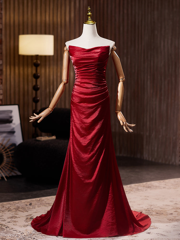 Red Satin Evening Dress with Draped Sleeves E047