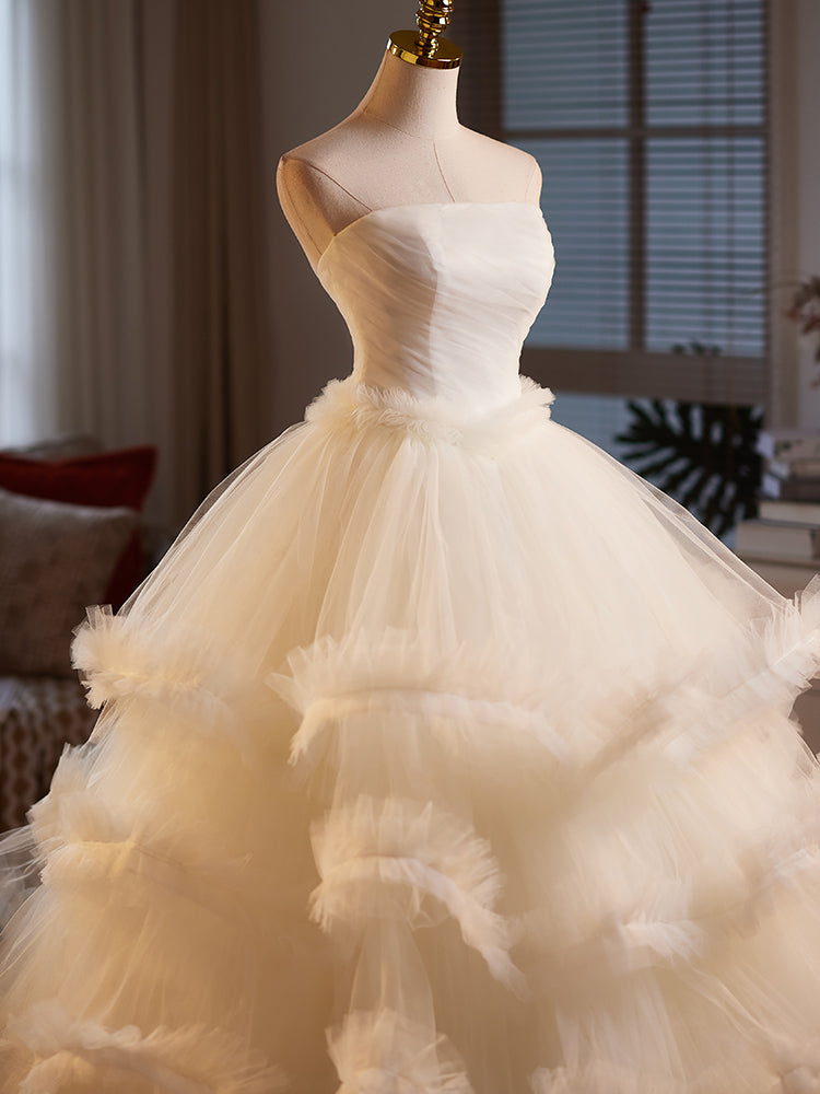 Ivory Strapless Tiered Tulle Evening Dress E026