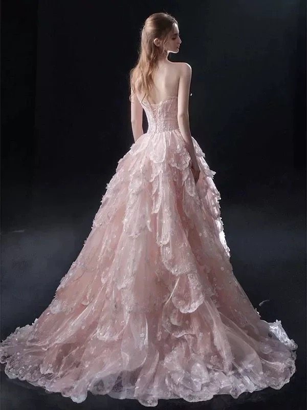 Luxury Blush Pink 3D Floral Layered Tulle Ball Gown Evening Dress YL146