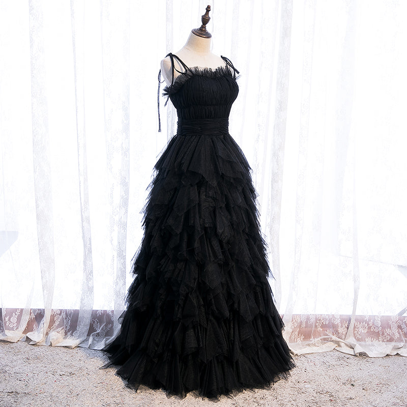 Black Tiered Tulle Evening Dress with String Straps E045