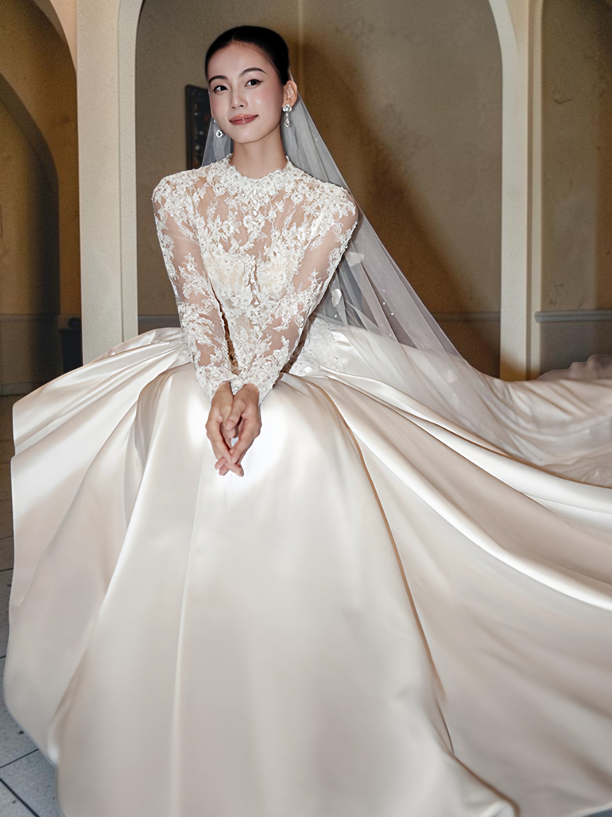 Elegant High-Neck Lace Satin Ball Gown Wedding Dress QD214