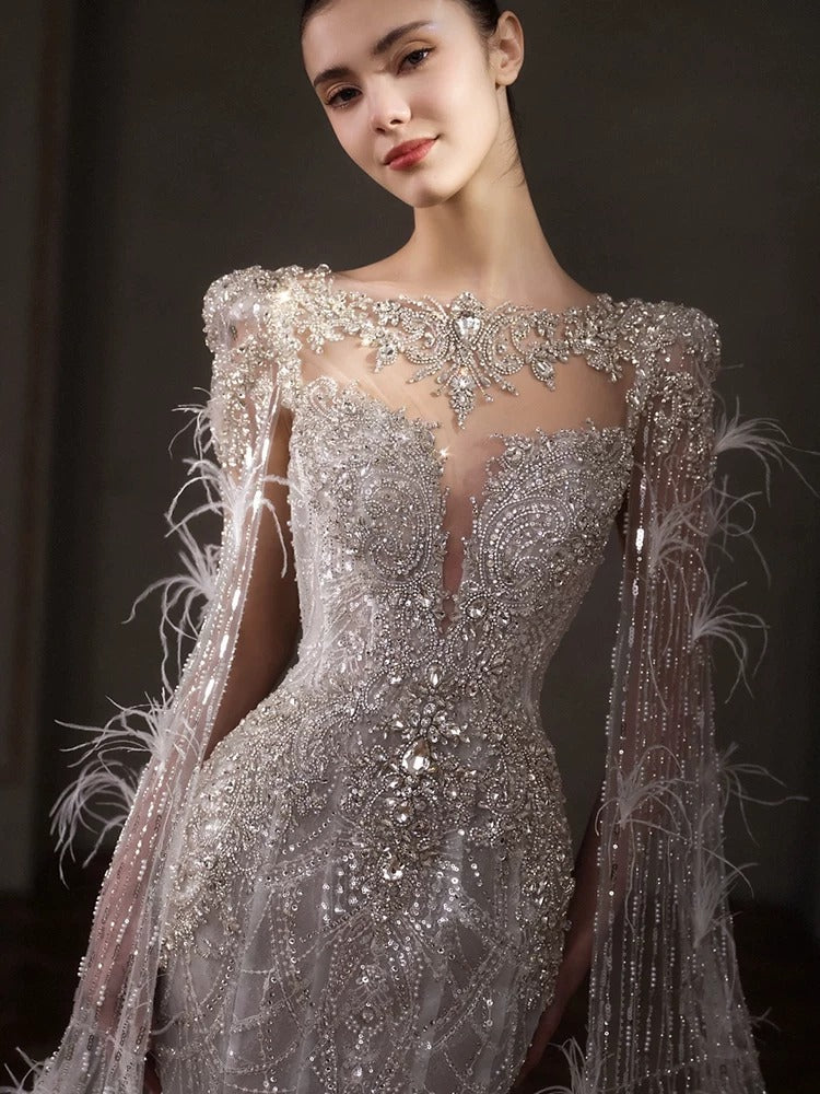 Luxury Silver Beaded Mermaid Wedding Dress with Feather Cape Sleeves SL130