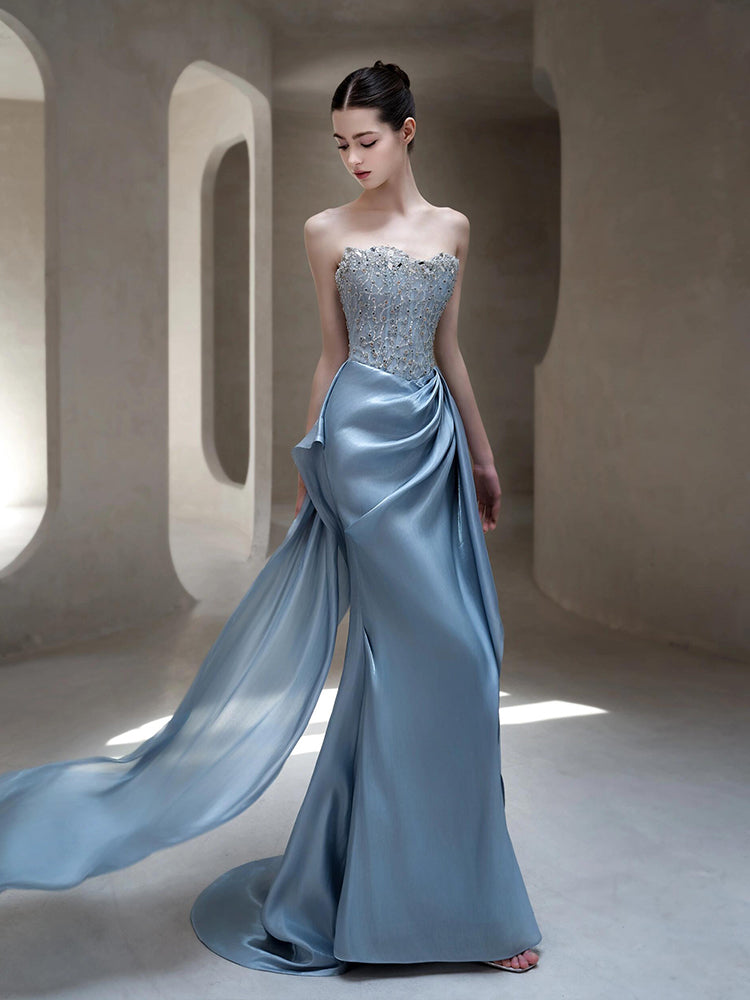 Strapless Beaded Bodice Satin Evening Dress with Draped Train E017