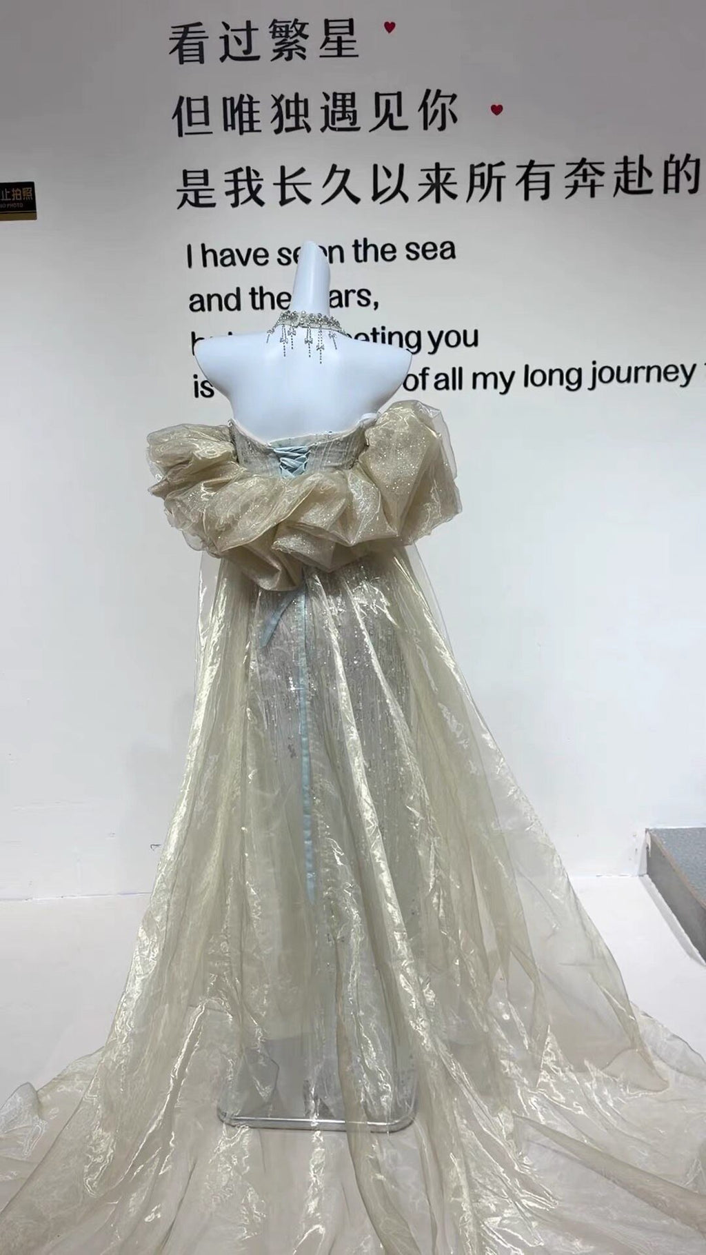 TwinkleGowns SL213 Silver Crystal Beaded Off-Shoulder Evening Gown with Sheer Train