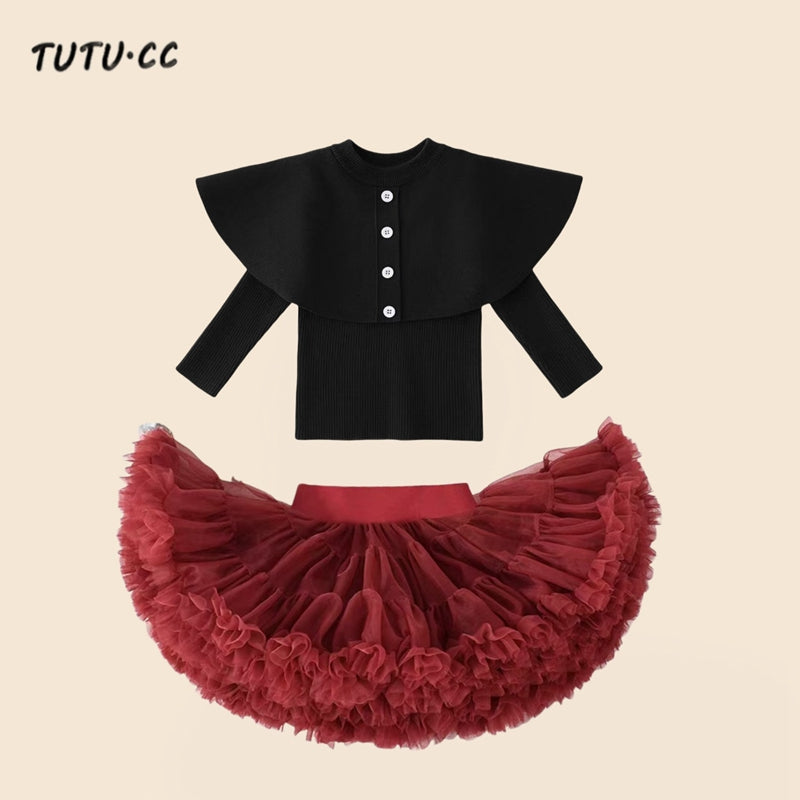 Little Princess Black Capelet Top Voluminous Red Skirt Outfit for Chrismas