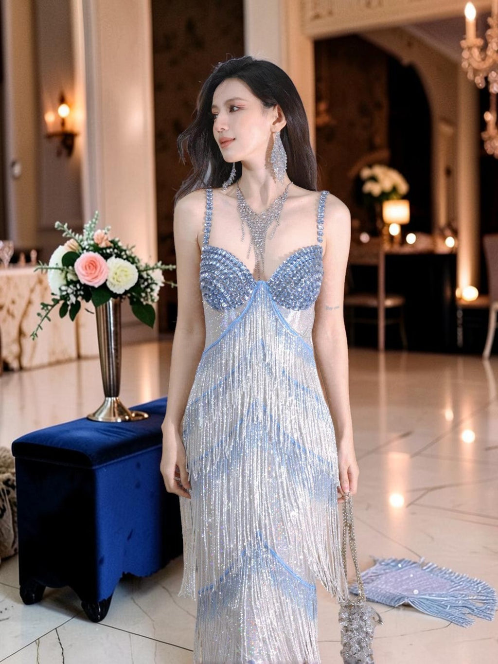 Silver Blue Beaded Spaghetti Strap Column Evening Gown with Crystal Fringe YL130