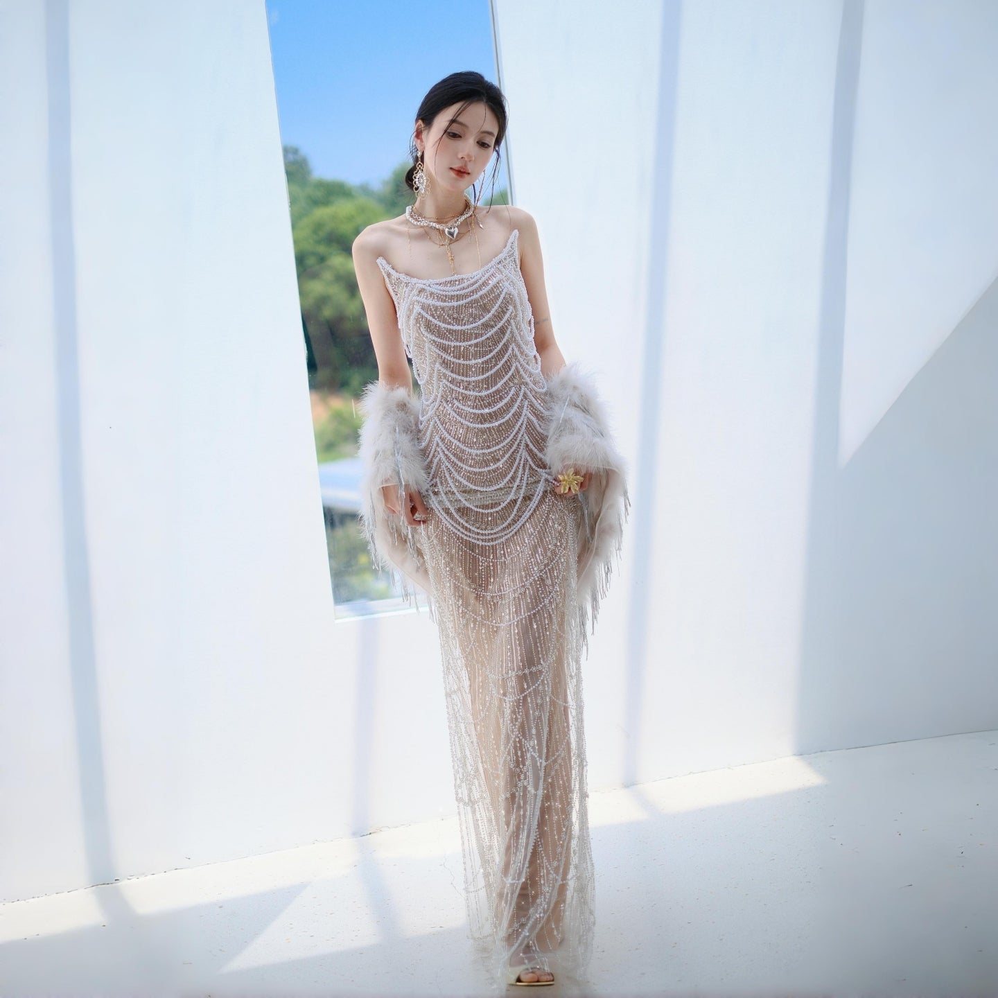 Pearl Lady Luxury Hand Beaded Dress Heavy Duty Flash Birthday Dress Y119