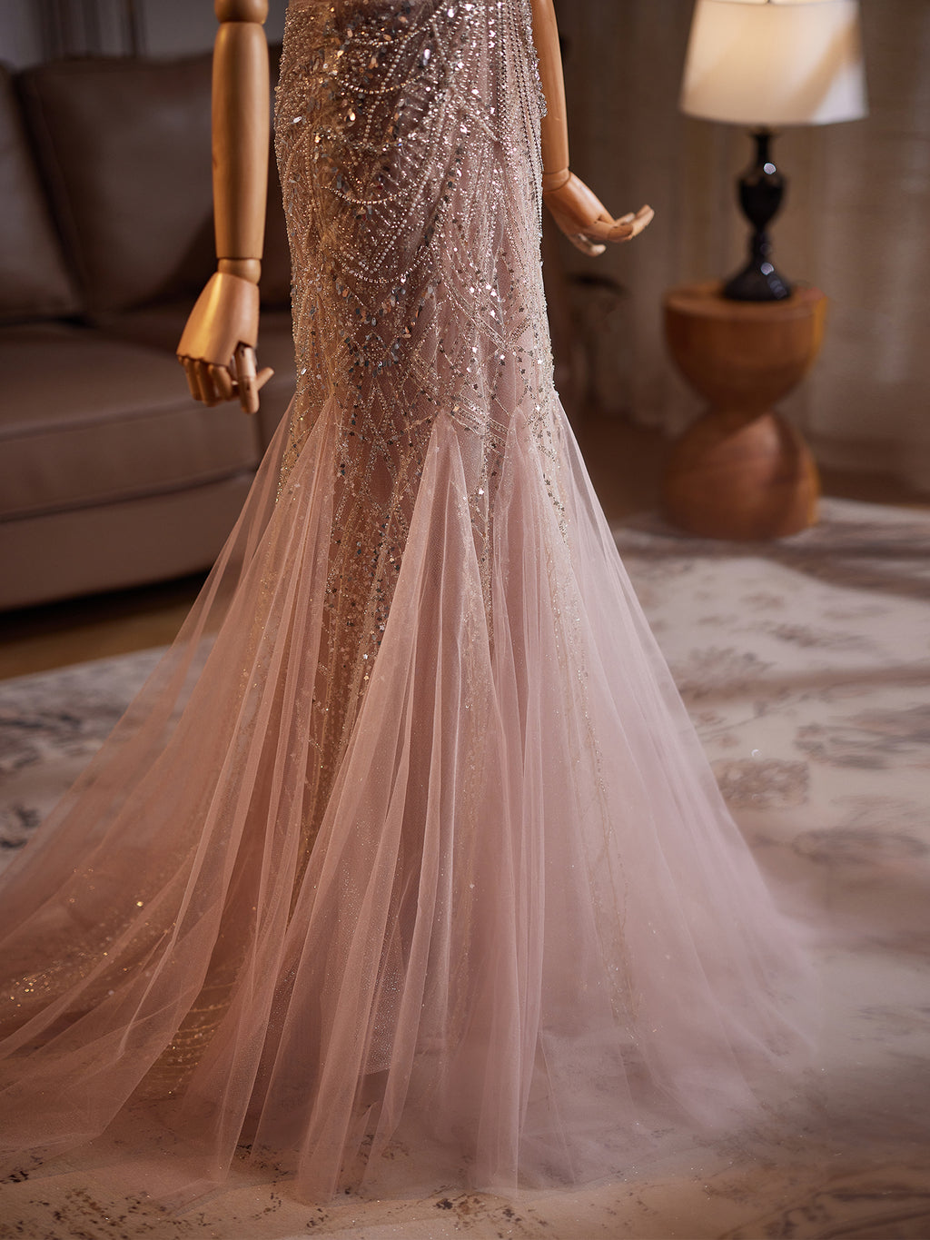 Pink Beaded Mermaid Evening Dress with Off - Shoulder Tulle Sleeves E032