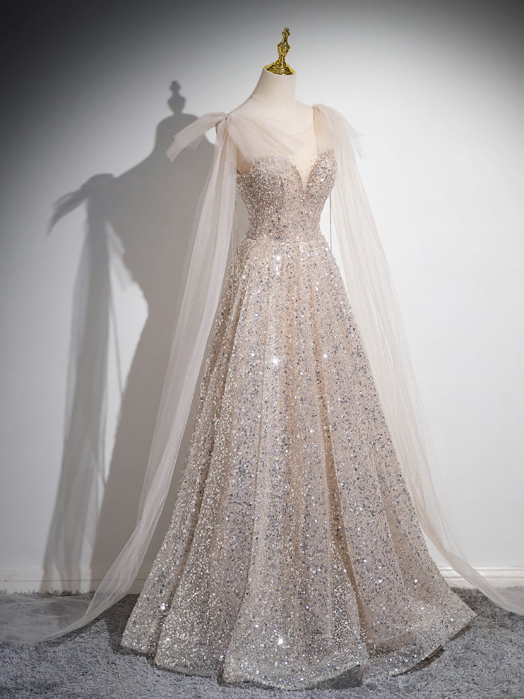 Champagne Sequin Evening Dress with Sheer Cape Sleeves E053