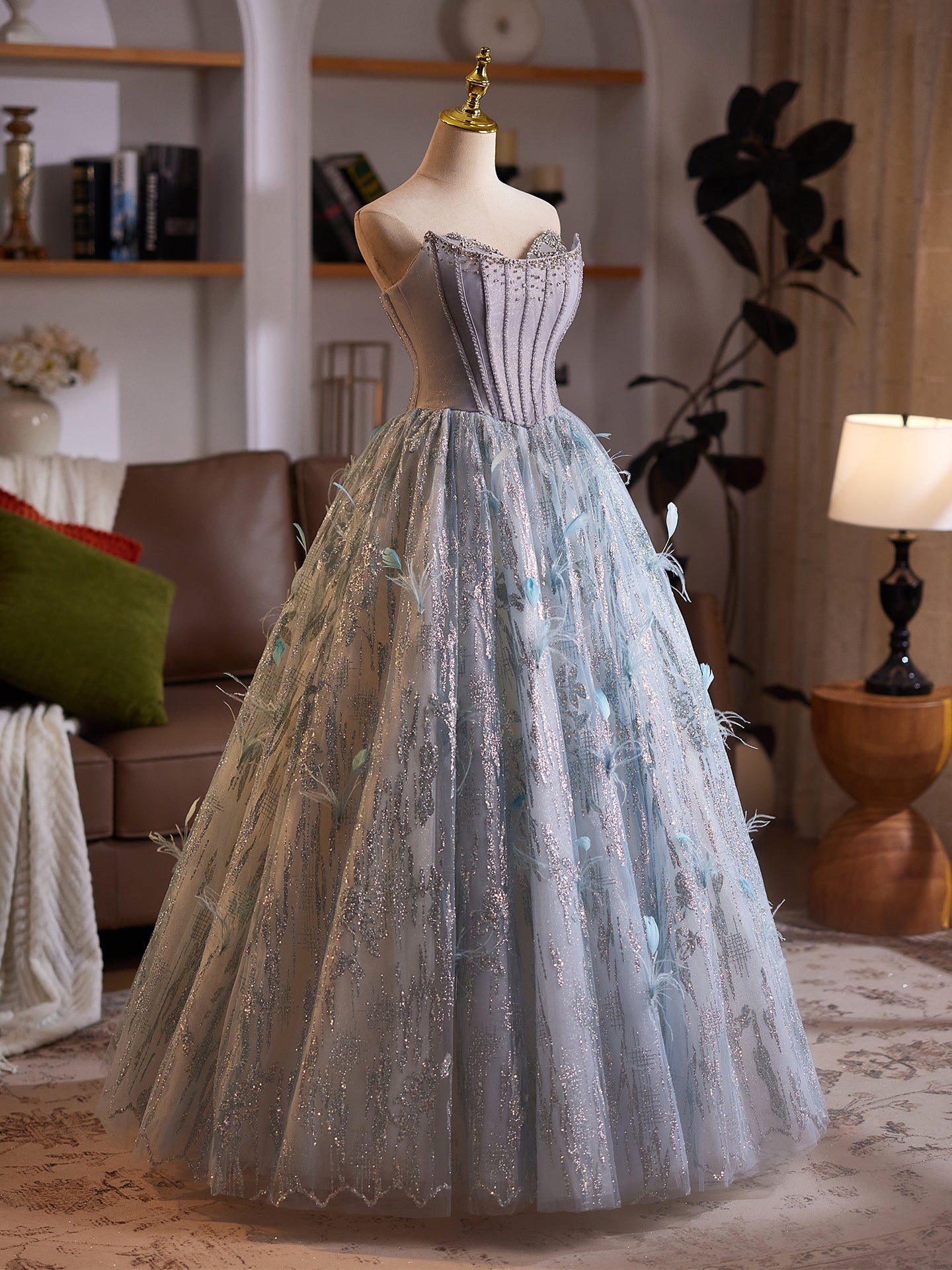 Gray Tulle Evening Dress with Feather & Sequin Details E031