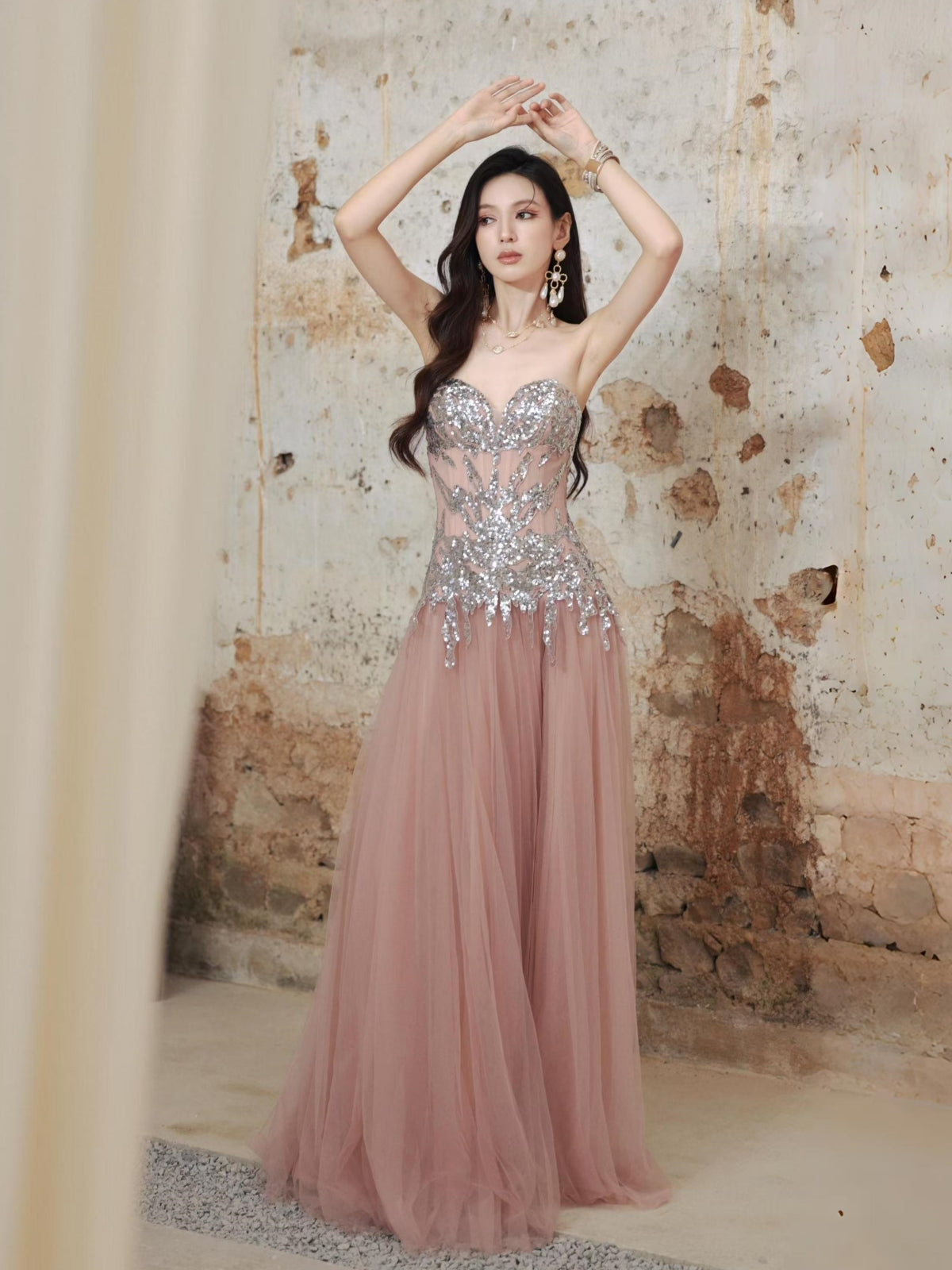 Galaxy Mist Exploding Sequin Strapless Dress Flowy Mesh High Slit Gown Y113