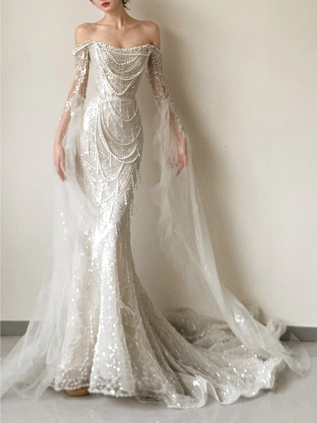  Off Shoulder Pearl Embellished Mermaid Evening Dress with Tulle Cape E004