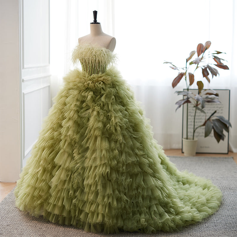 Green Tiered Tulle Evening Dress with Feather Strapless Neckline E033