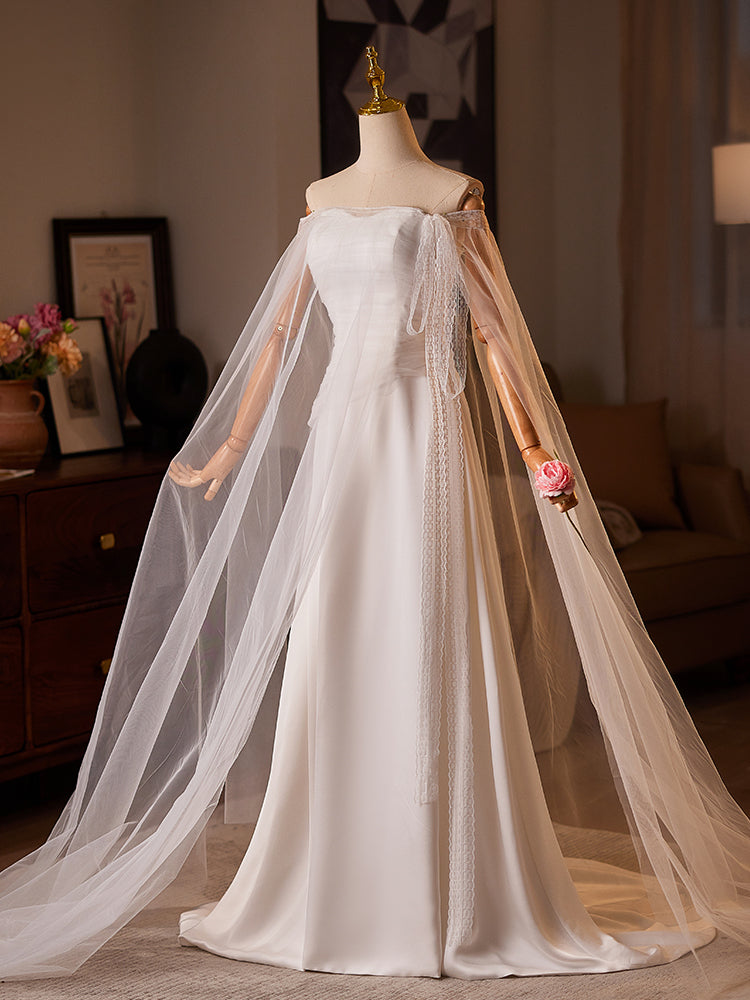 White Off Shoulder Evening Dress with Sheer Cape Sleeves E041