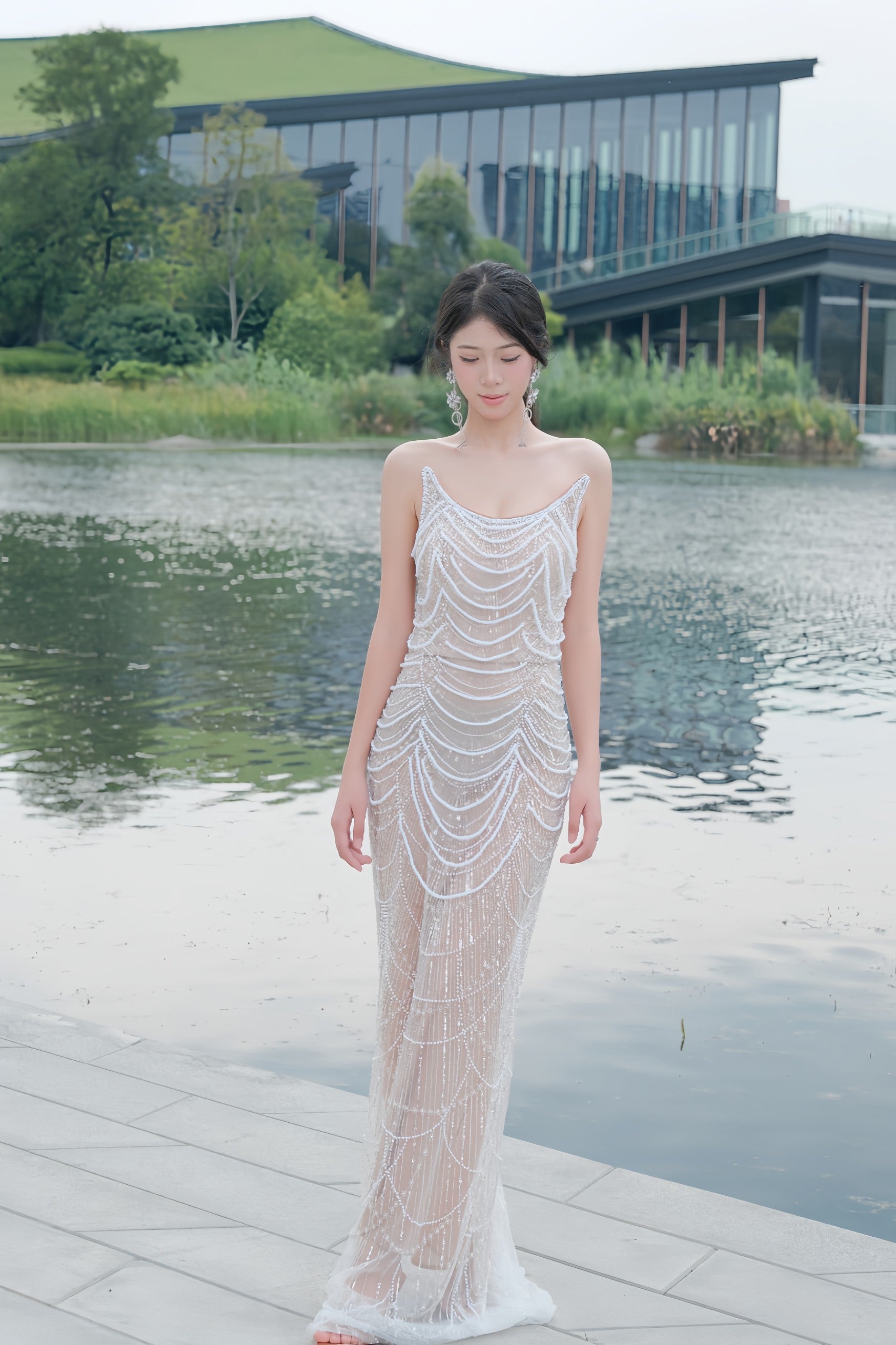 Pearl Lady Luxury Hand Beaded Dress Heavy Duty Flash Birthday Dress Y119