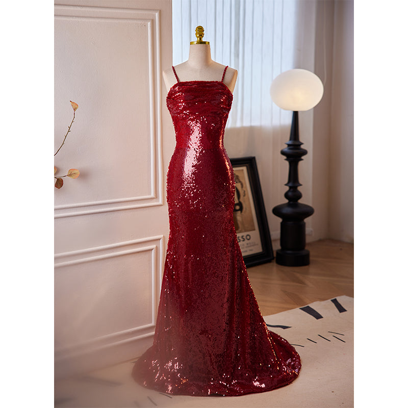 Red Sequin Spaghetti Strap Mermaid Evening Dress E050