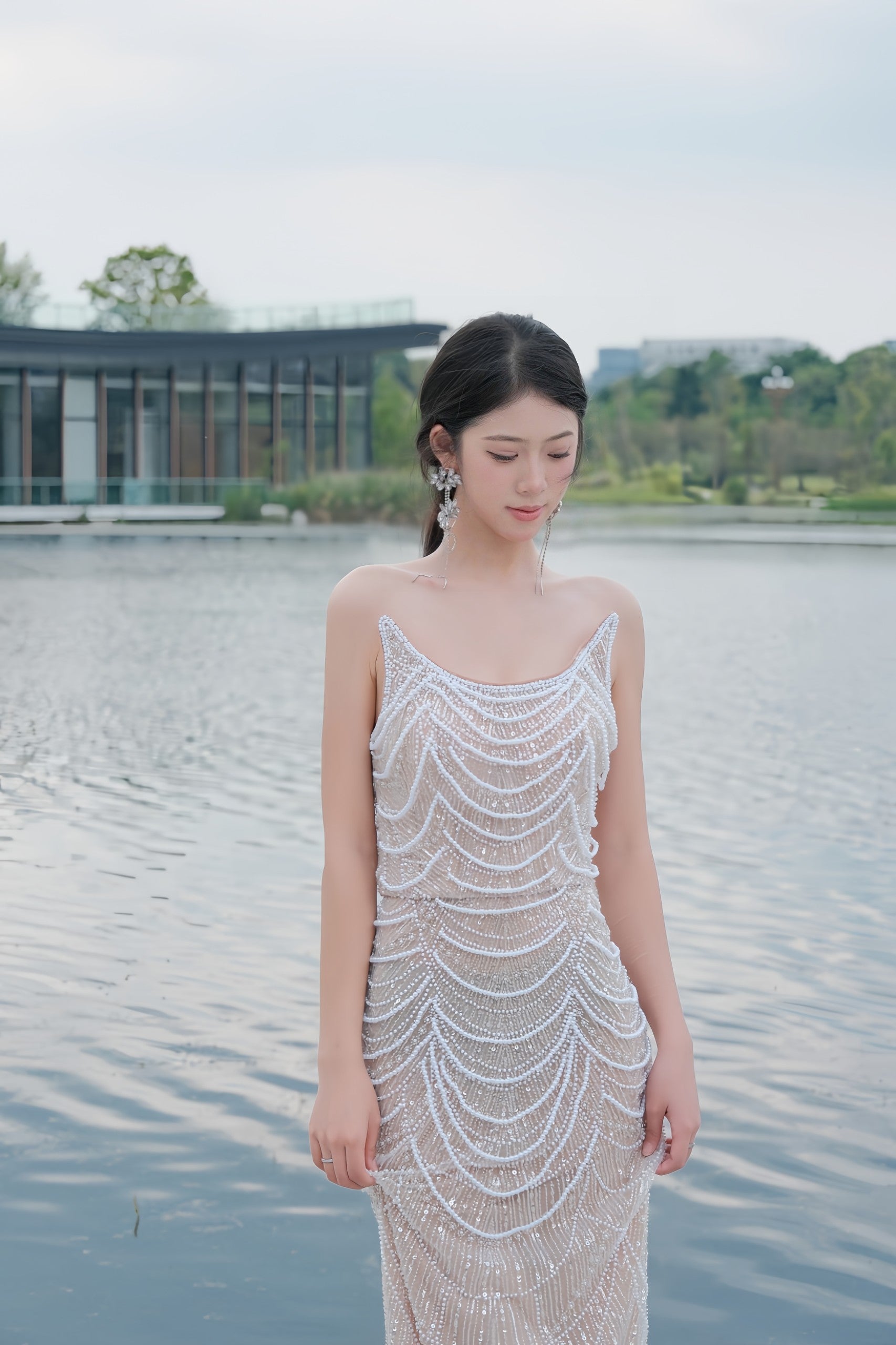 Pearl Lady Luxury Hand Beaded Dress Heavy Duty Flash Birthday Dress Y119