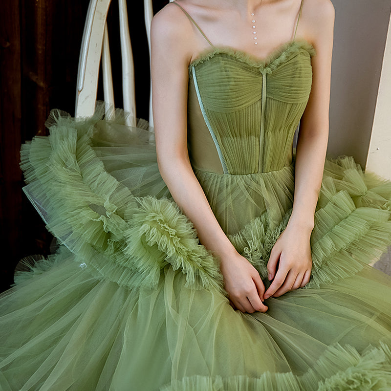 Green Tulle Ruffled Spaghetti Strap Evening Dress E009