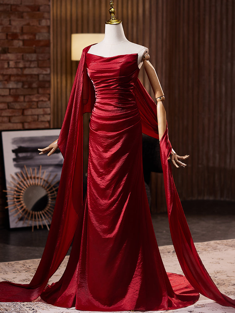 Red Satin Evening Dress with Draped Sleeves E047