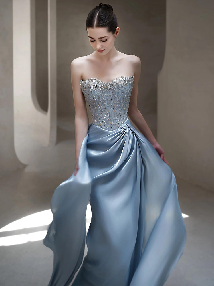 Strapless Beaded Bodice Satin Evening Dress with Draped Train E017