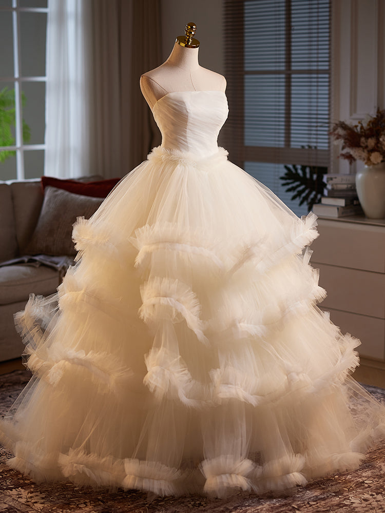 Ivory Strapless Tiered Tulle Evening Dress E026