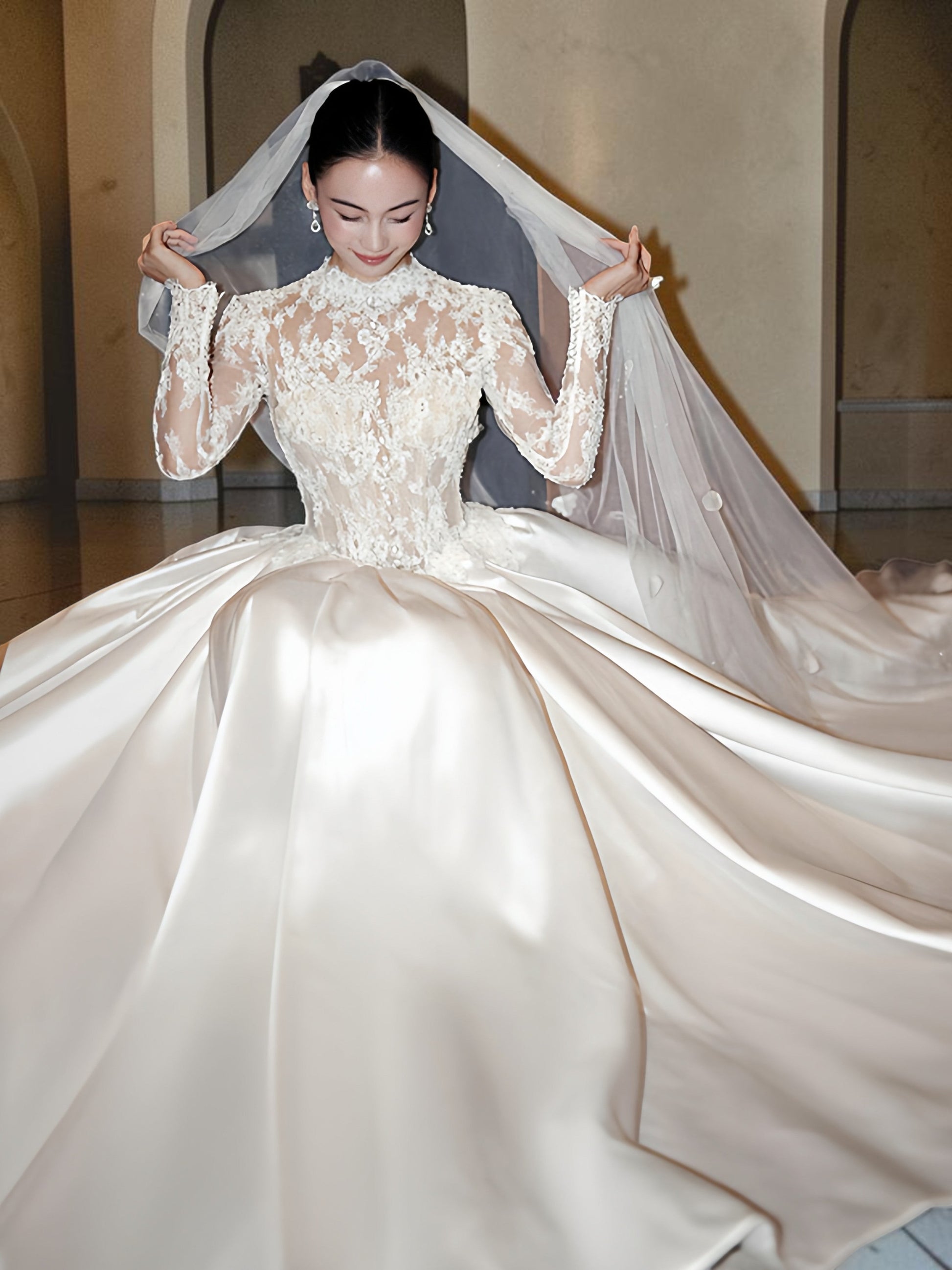 Elegant High-Neck Lace Satin Ball Gown Wedding Dress QD214
