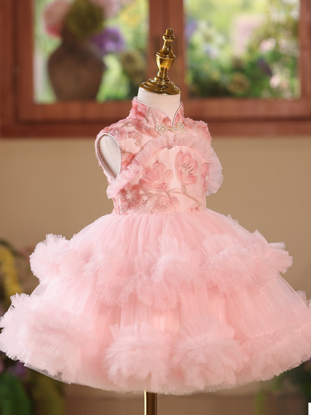 Princess Pink 3D Flowers Girl Pageant Dress For Birthday Party SL113