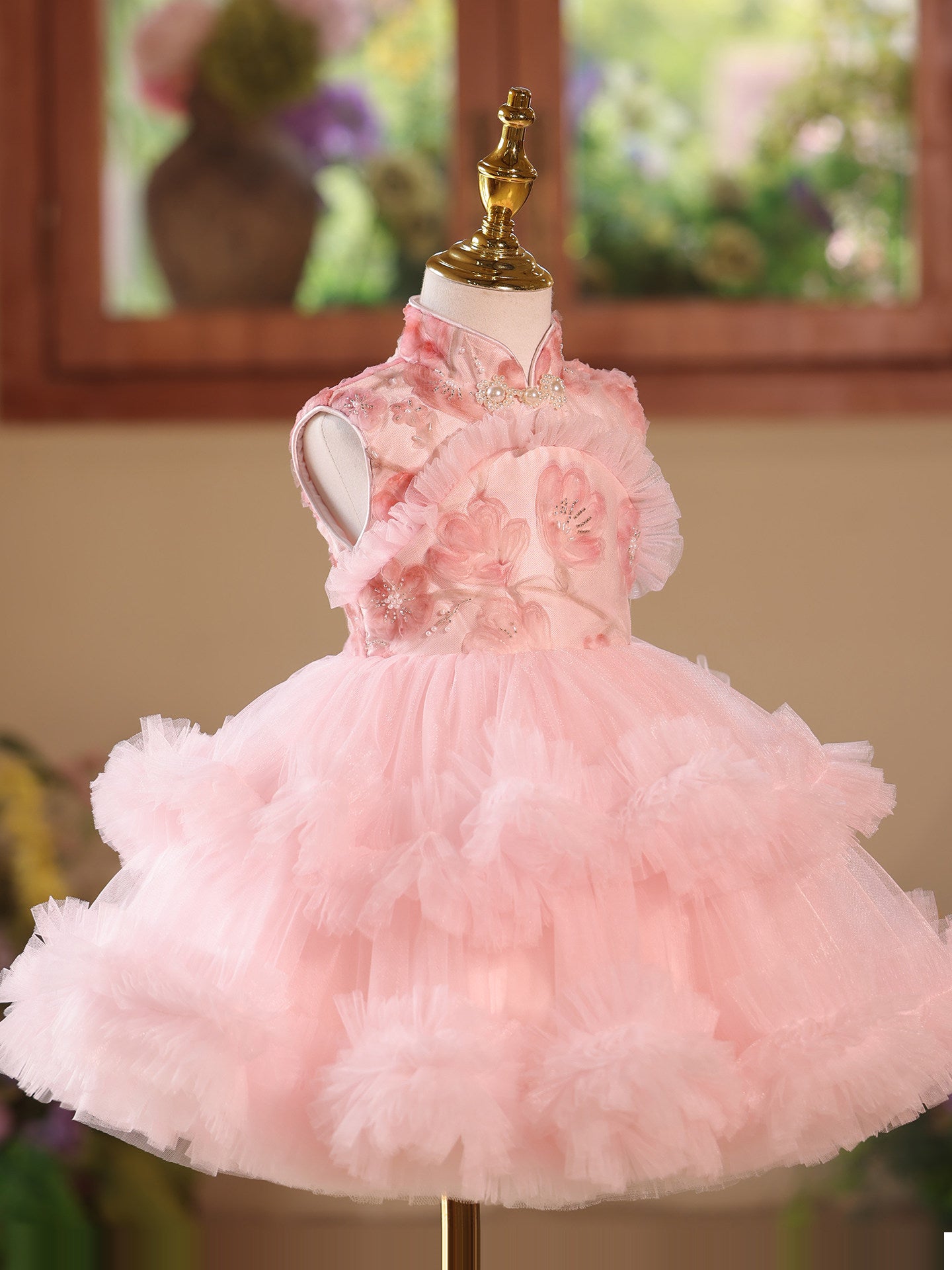 Princess Pink 3D Flowers Girl Pageant Dress For Birthday Party SL113