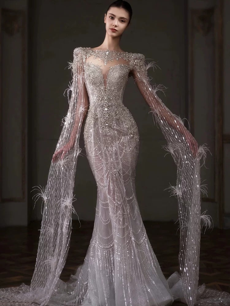 Luxury Silver Beaded Mermaid Wedding Dress with Feather Cape Sleeves SL130