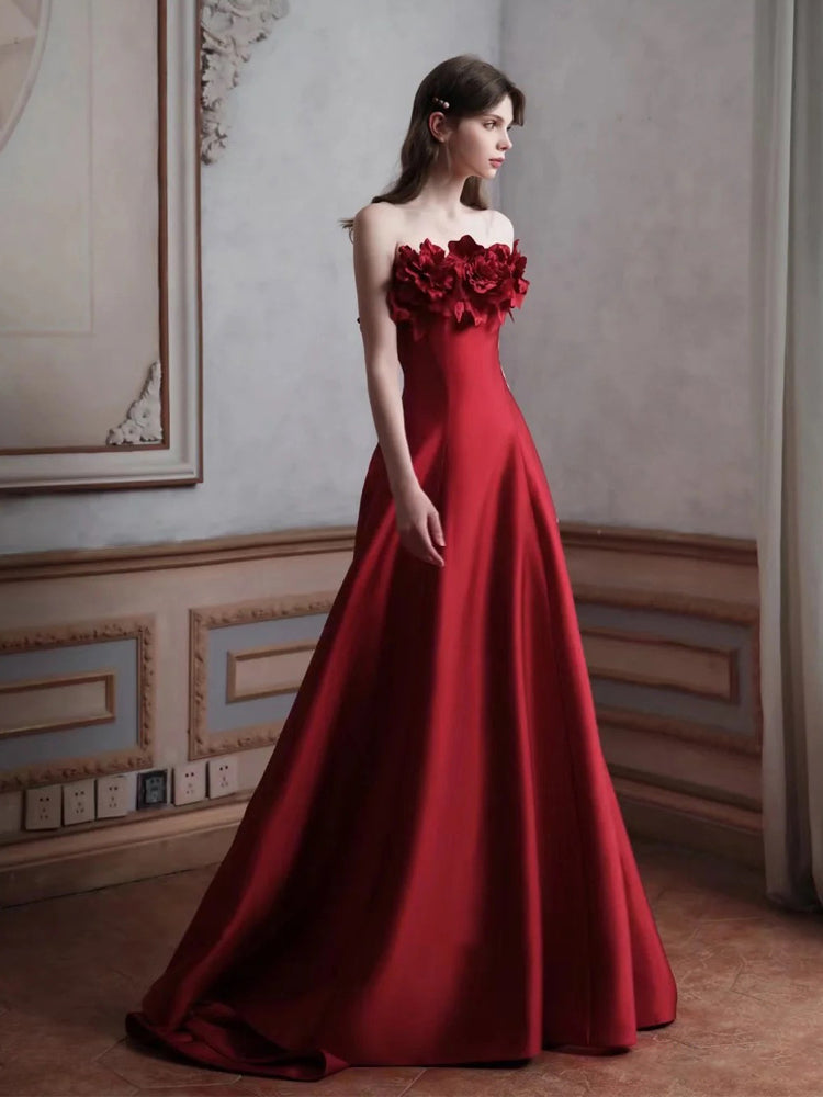 Strapless 3D Floral Satin Evening Dress E015