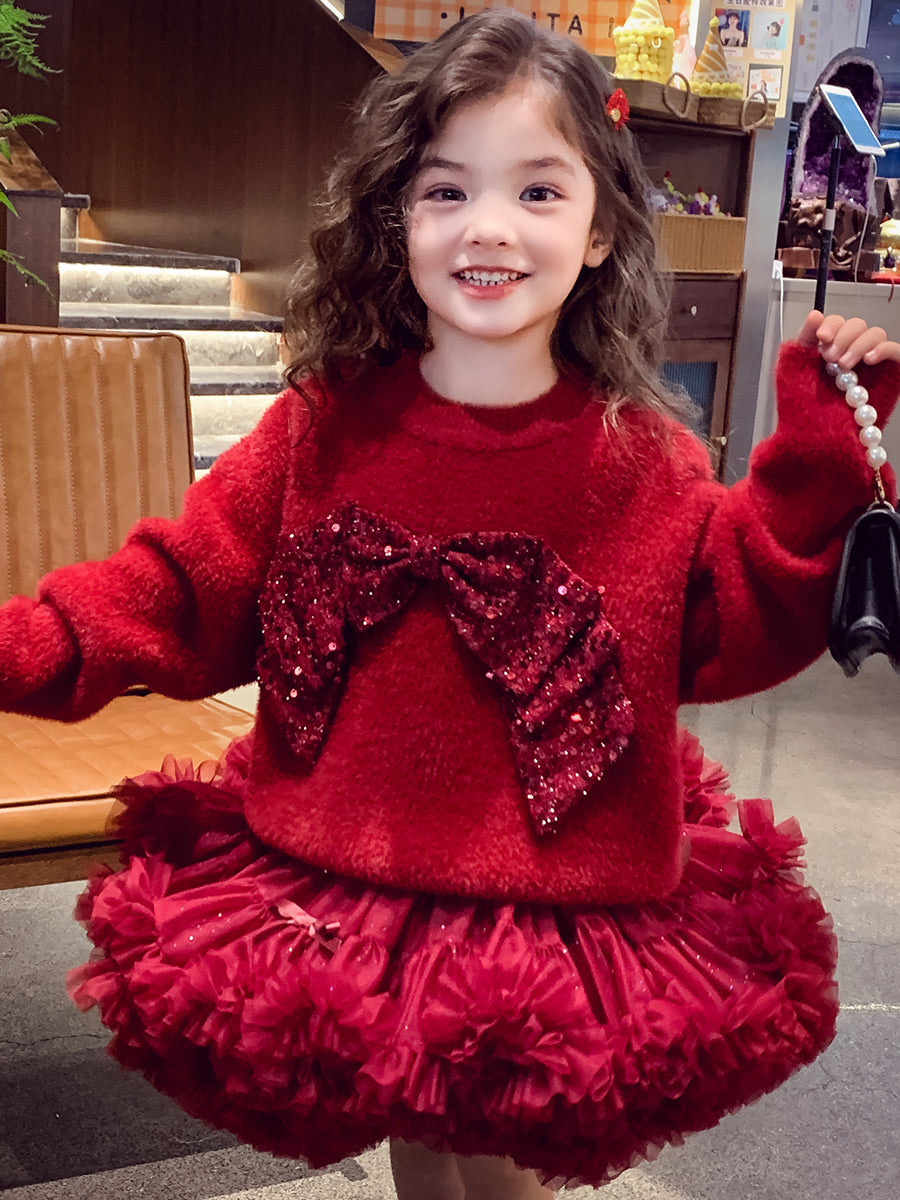 Little Princess Sparkling Red Two Piece Knit Top and Voluminous Tulle Skirt for Chrismas