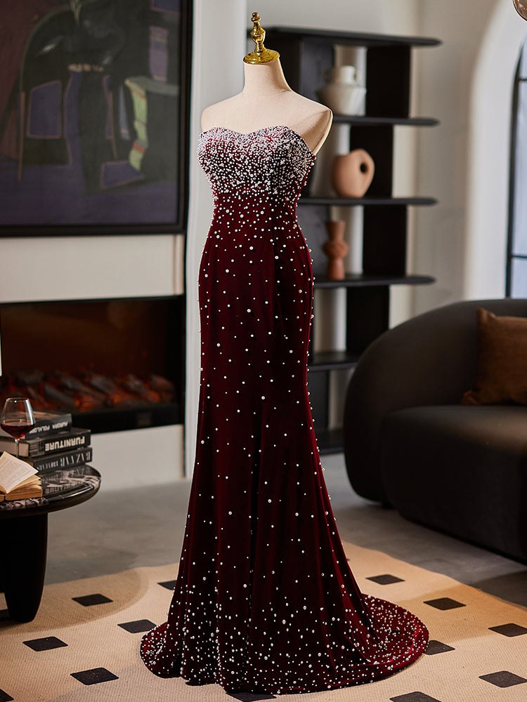 Burgundy Strapless Evening Dress with Pearl Embellishments E035