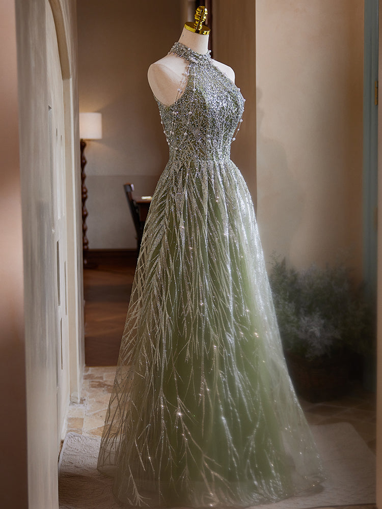 Green Halter Neck Evening Dress with Silver Beadwork E030